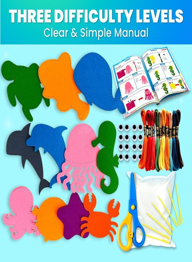 QUOKKA Kids Crafts Ages 4-8, DIY Beginner Needle and Thread Kit - 12 Sea Animals Sewing Kit Basic - Fun Arts Crafts for Kids Ages 6-8 Girls Boys - Plastic Needles, Scissors - 6+ Year Old Girl Gifts - Image 3