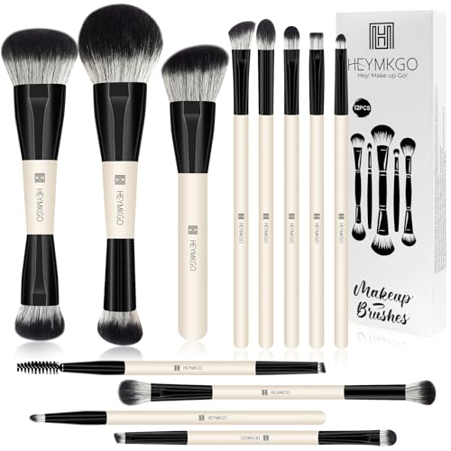 HEYMKGO Makeup Brushes Set 12Pcs Professional Dualended Foundation Contour Powder Eyeshadow Brushes for Liquid Cream Powder for Blending Face Brush Tools Bag Included Great for Travel Black - Image 1