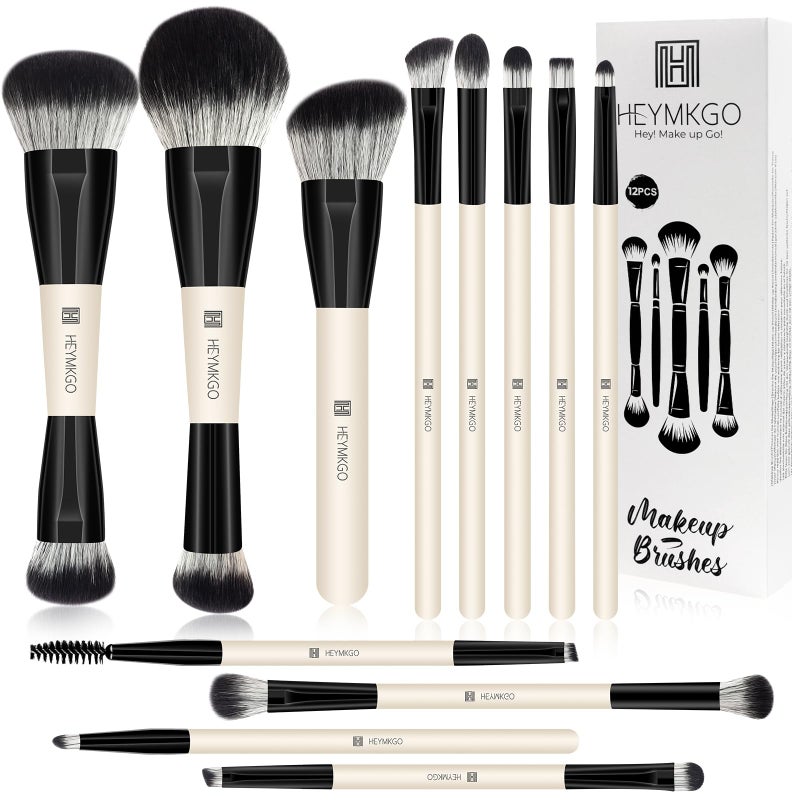 HEYMKGO Makeup Brushes Set 12Pcs Professional Dualended Foundation Contour Powder Eyeshadow Brushes for Liquid Cream Powder for Blending Face Brush Tools Bag Included Great for Travel Black - Image 2