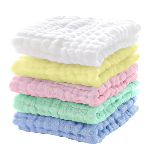 Zibuyu® 5Pcs Baby Washcloths Square Face Towels Ultra Soft Cotton Mesh Baby Towels Saliva Wipes Face Washing Cloth Adult Face Towel for Senstive Skin, 12x12 inches - Image 1