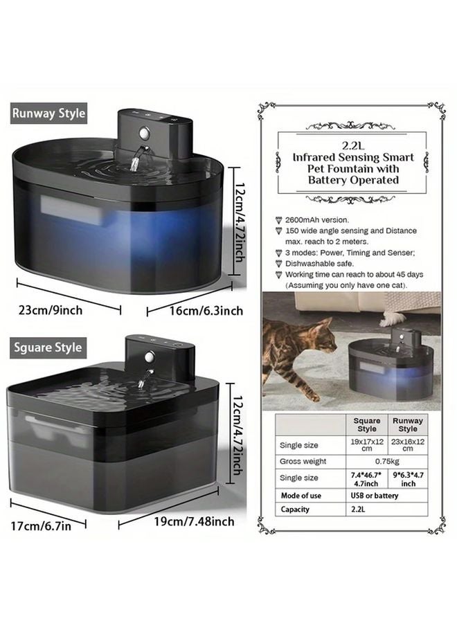 Black Square Automatic Wireless Water Dispenser For Cats And Dogs Rechargeable Pet Drinking Fountain With Sensor IPX8 USB Battery Powered - Image 3