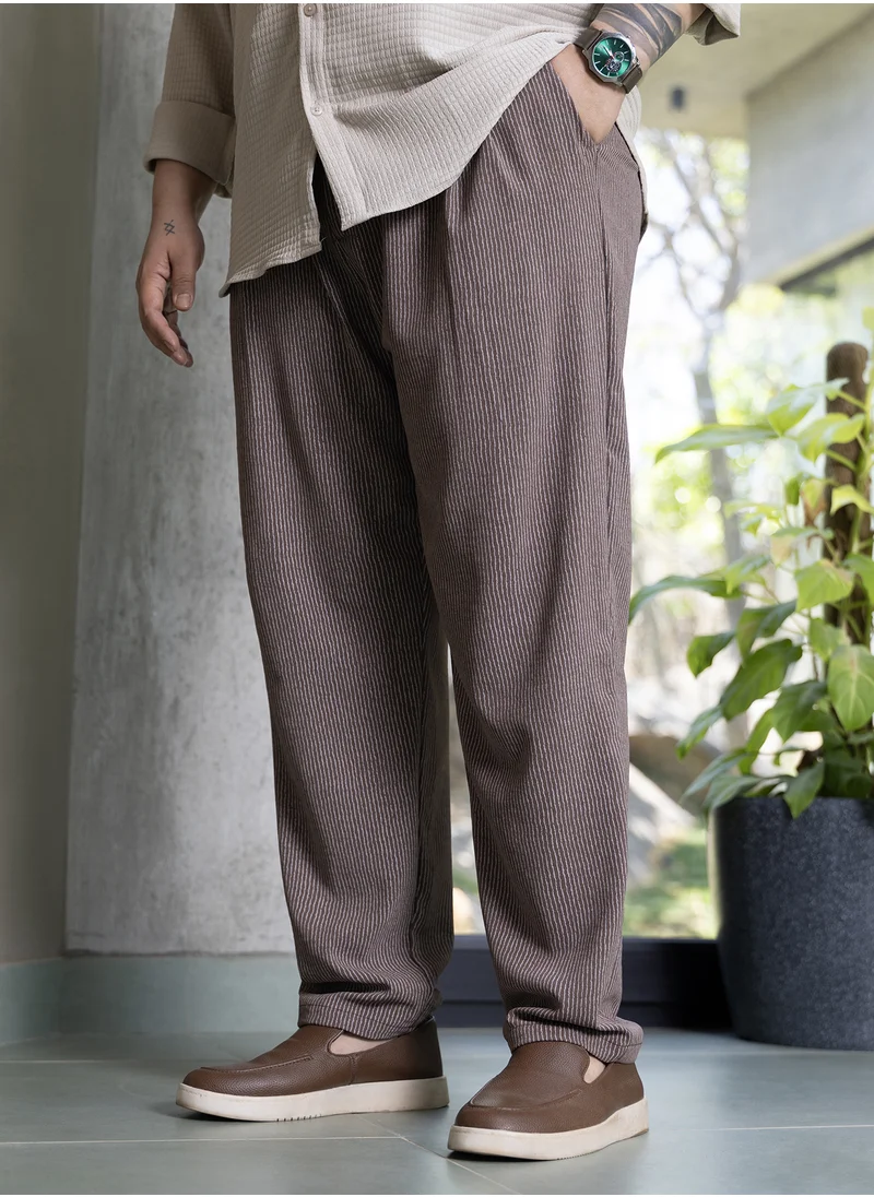 انستافاب بلس Instafab Plus Men's Mocha Brown Striped Tailored Trousers For Casual Wear | Mid-Rise | Regular Fit | Button Closure | Plus Size Trousers Crafted With Comfort Fit For Everyday Wear