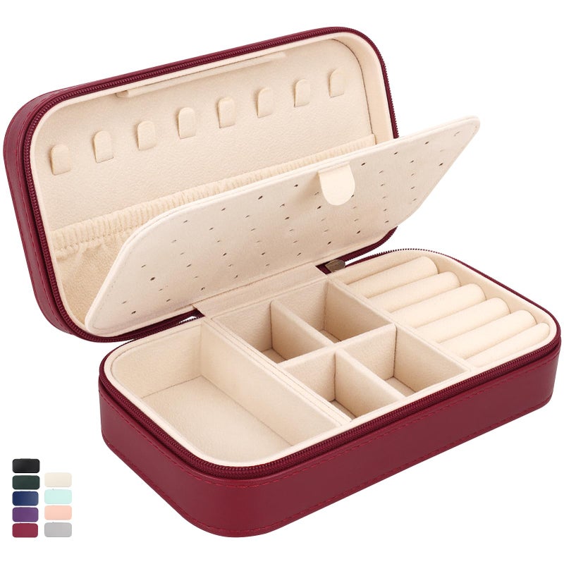 DesignSter Travel Jewelry Box, PU Leather Portable Jewelry Case, Small Jewelry Boxes for Gifts, Travel Jewelry Organizer for Women Rings Earrings Necklaces Bracelets (Wine Red) - Image 1