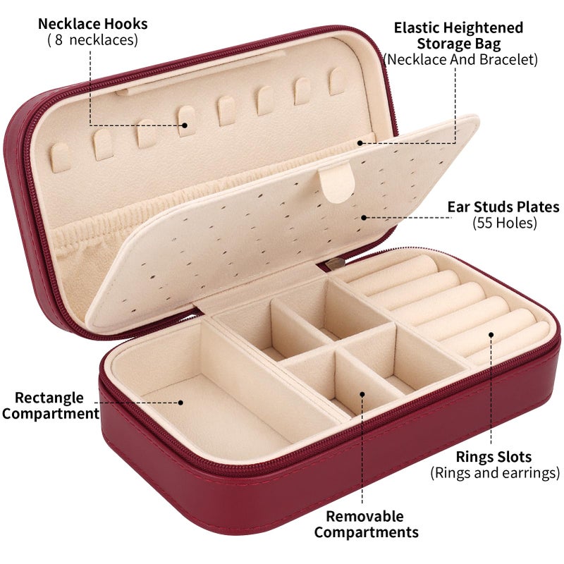 DesignSter Travel Jewelry Box, PU Leather Portable Jewelry Case, Small Jewelry Boxes for Gifts, Travel Jewelry Organizer for Women Rings Earrings Necklaces Bracelets (Wine Red) - Image 2