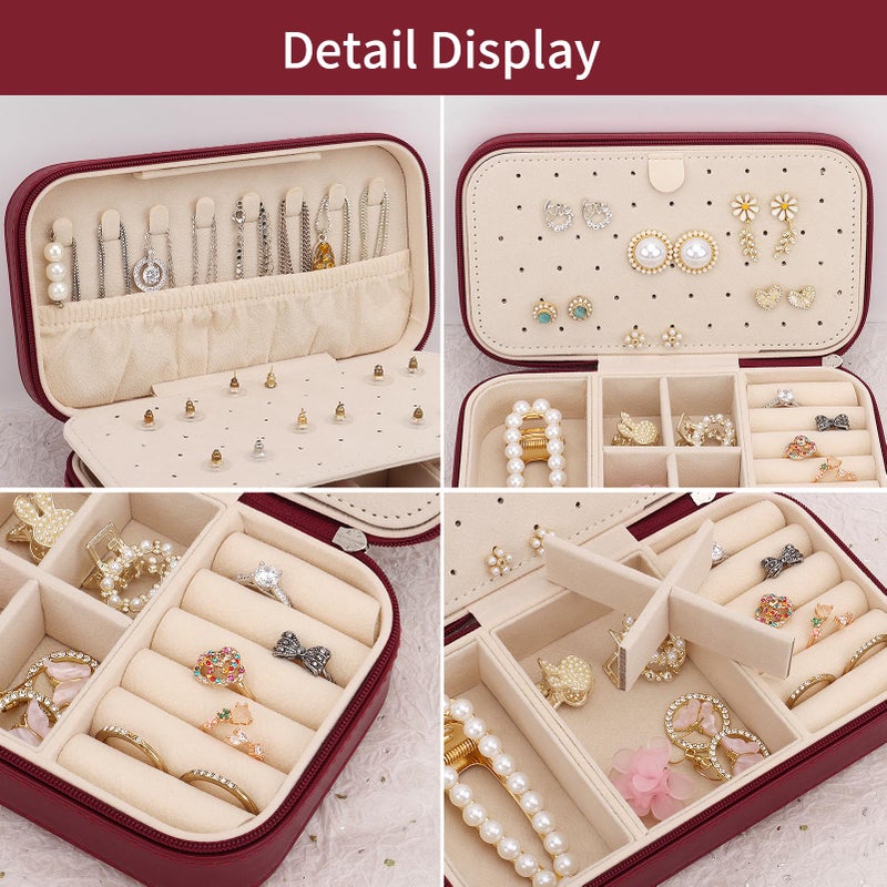 DesignSter Travel Jewelry Box, PU Leather Portable Jewelry Case, Small Jewelry Boxes for Gifts, Travel Jewelry Organizer for Women Rings Earrings Necklaces Bracelets (Wine Red) - Image 3