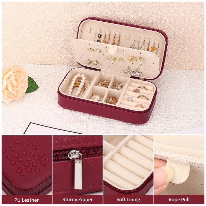 DesignSter Travel Jewelry Box, PU Leather Portable Jewelry Case, Small Jewelry Boxes for Gifts, Travel Jewelry Organizer for Women Rings Earrings Necklaces Bracelets (Wine Red) - Image 4