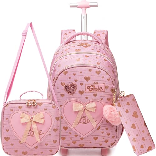 Meetbelify Kids Backpacks with Wheels for Girls Rolling Backpack with Lunch Box for Elementary Students Carry on Backpack Travel Suitcase Trip Luggage for Girls Ages 68 - Image 1