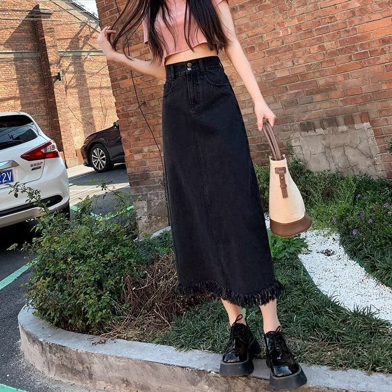 Dumped High Waist Skirt Denim Mid-Length Skirt Small Girl Summer Retro Tassel Skirt - Image 4