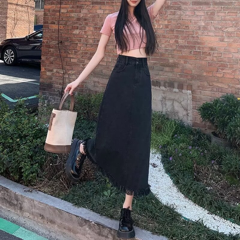Dumped High Waist Skirt Denim Mid-Length Skirt Small Girl Summer Retro Tassel Skirt - Image 3