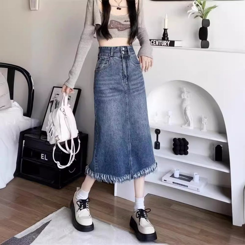 Dumped High Waist Skirt Denim Mid-Length Skirt Small Girl Summer Retro Tassel Skirt - Image 2