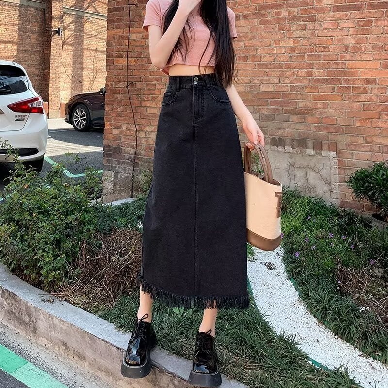 Dumped High Waist Skirt Denim Mid-Length Skirt Small Girl Summer Retro Tassel Skirt - Image 5