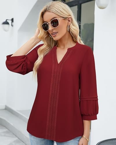 Unixseque Blouses for Women Business Casual: Red Office Attire Womens Work Tops Woman's Dress Shirts 3/4 Sleeve Professional Formal Tops Junior Job Interview Clothing Fall Peasant Christmas Outfits - Image 3