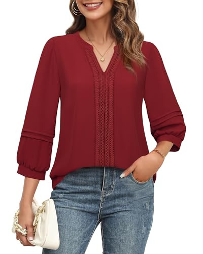 Unixseque Blouses for Women Business Casual: Red Office Attire Womens Work Tops Woman's Dress Shirts 3/4 Sleeve Professional Formal Tops Junior Job Interview Clothing Fall Peasant Christmas Outfits - Image 1