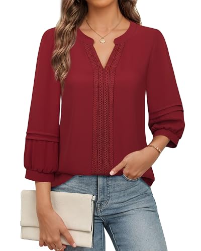 Unixseque Blouses for Women Business Casual: Red Office Attire Womens Work Tops Woman's Dress Shirts 3/4 Sleeve Professional Formal Tops Junior Job Interview Clothing Fall Peasant Christmas Outfits - Image 2