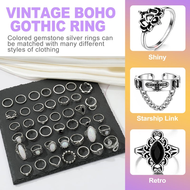 ZeriLion 42 Pcs Vintage Silver Knuckle Ring Set Cool Alt Goth Punk Rings for Women Men Adjustable Stackable Grunge Emo Aesthetic Jewelry Snake Skull Chunky Band Pack - Image 3