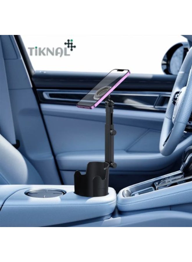 Tiknal TK-H108 Magnetic Cup Holder Car Phone Mount with Long Adjustable Arm, 360° Rotation, Expandable Cup Base & Protective Silicone Pad - Black - Image 4