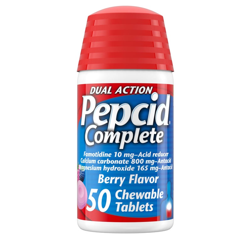 Pepcid Complete Acid Reducer + Antacid Chewable Tablets, Heartburn Relief, Berry, 50 ct (Package May Vary) - Image 1