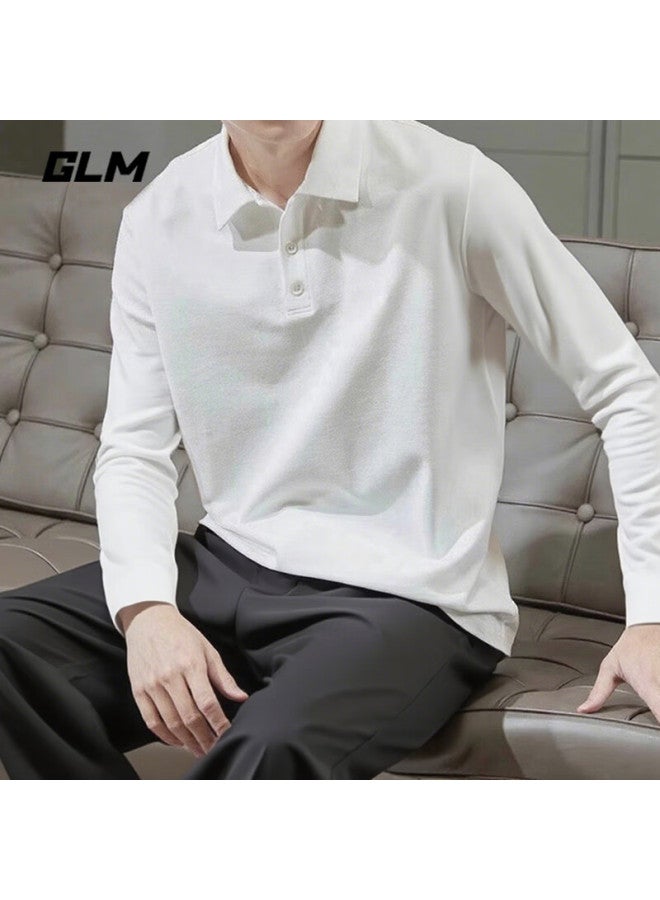 Glm Long-sleeve T-shirt For Men, Spring And Autumn Season, Turn-down Collar Long-sleeve Polo Shirt, Simple Sports Top, Undershirt For Men, White, 3XL