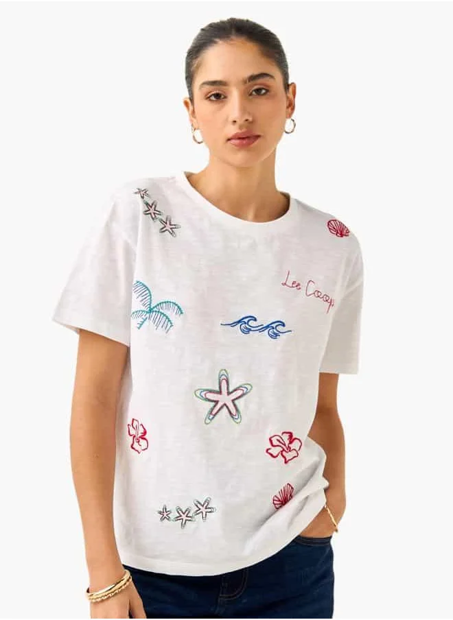 لي كوبر Lee Cooper Embroidered T-shirt with Crew Neck and Short Sleeves