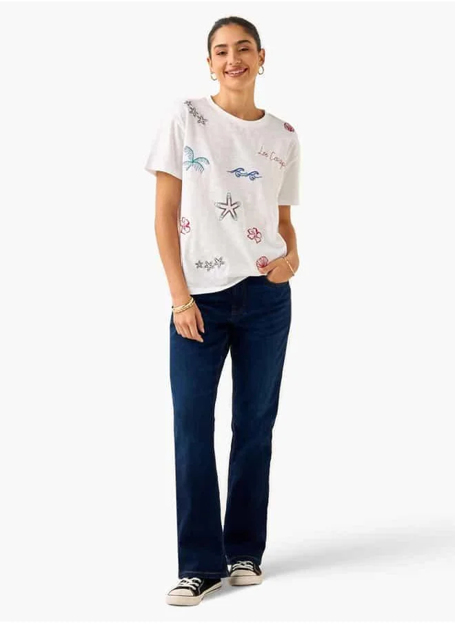 لي كوبر Lee Cooper Embroidered T-shirt with Crew Neck and Short Sleeves