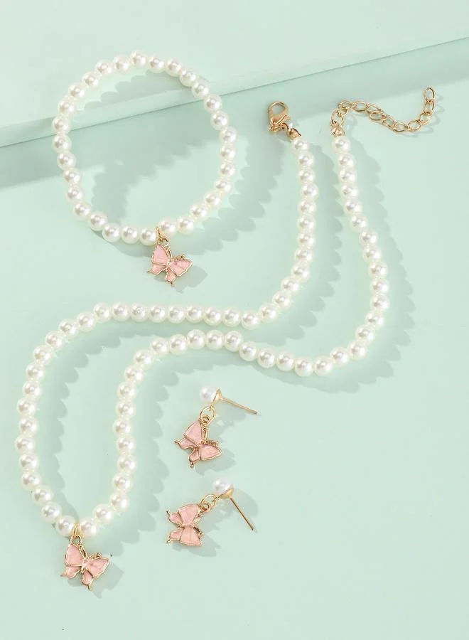 Take Two  Girls Light Pink Butterfly Charm Pearl Necklace, Bracelet and Earrings Set for Women | Best Price UAE