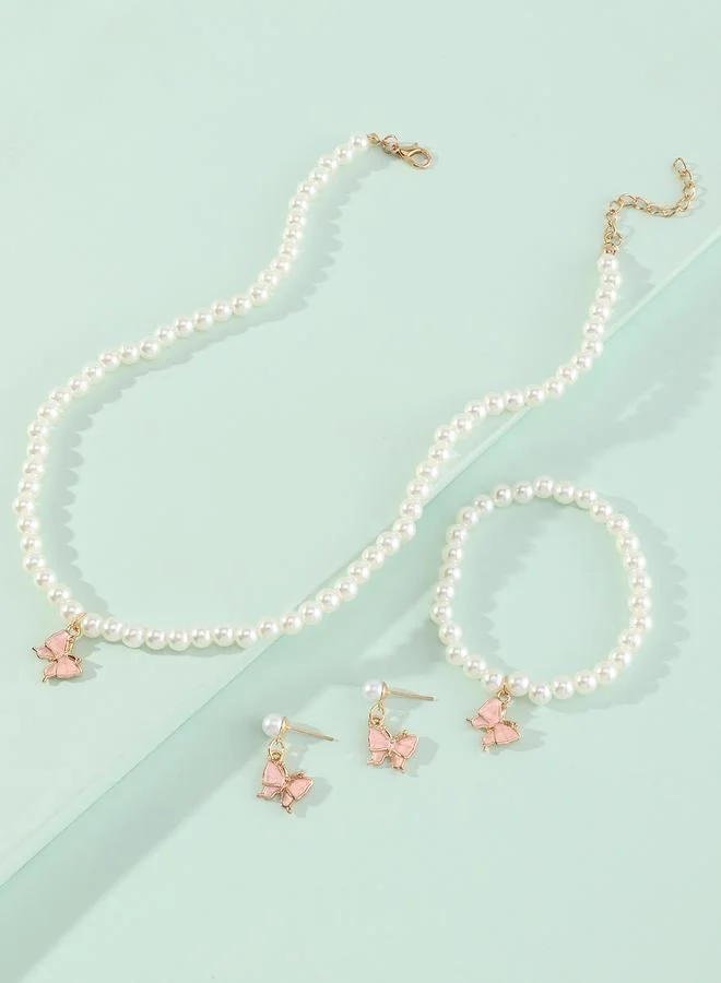 Take Two  Girls Light Pink Butterfly Charm Pearl Necklace, Bracelet and Earrings Set for Women | Best Price UAE