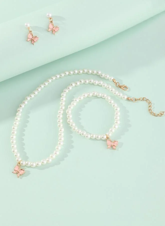Take Two  Girls Light Pink Butterfly Charm Pearl Necklace, Bracelet and Earrings Set for Women | Best Price UAE