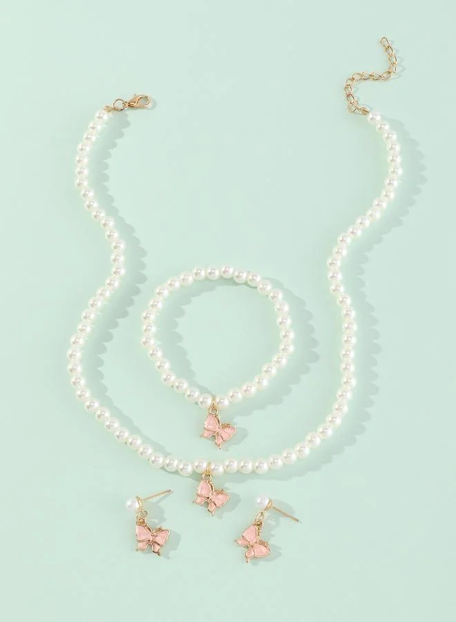 Girls Light Pink Butterfly Charm Pearl Necklace, Bracelet and Earrings Set