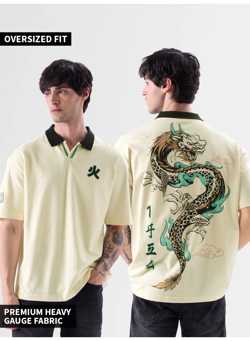 The Souled Store The Souled Store Men TSS Originals Furious Dragon Graphic Printed Off White Oversized Polos