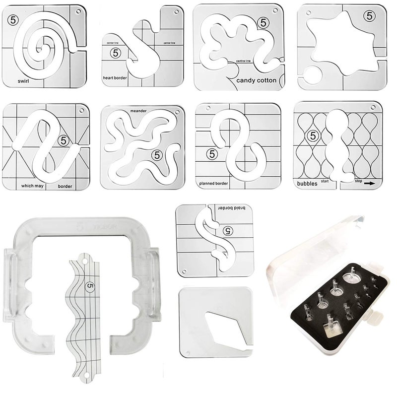 YICBOR 11pcs Quilting Template Series 5 + 1pcs Quilting Frame+ 9pcs Clear Quilting Embroidery Free Motion Echo Presser Foot Set - Image 1