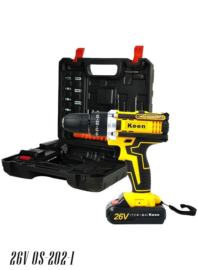 KEEN Cordless Electric Drill Driver Kit with Lithium-ion Battery, Keyless Chuck, and Full Accessory Set  26V/50-60Hz KEEN OS-202 - Image 1
