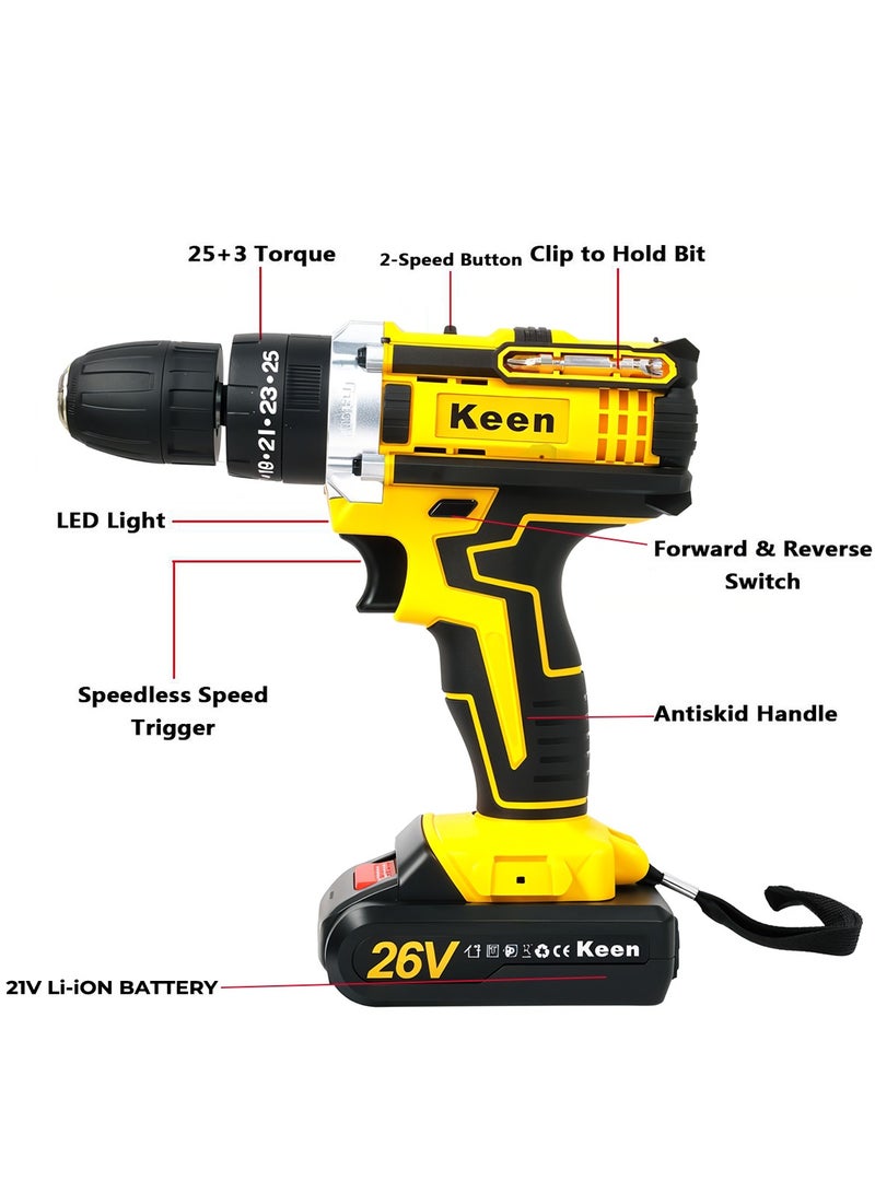KEEN Cordless Electric Drill Driver Kit with Lithium-ion Battery, Keyless Chuck, and Full Accessory Set  26V/50-60Hz KEEN OS-202 - Image 4