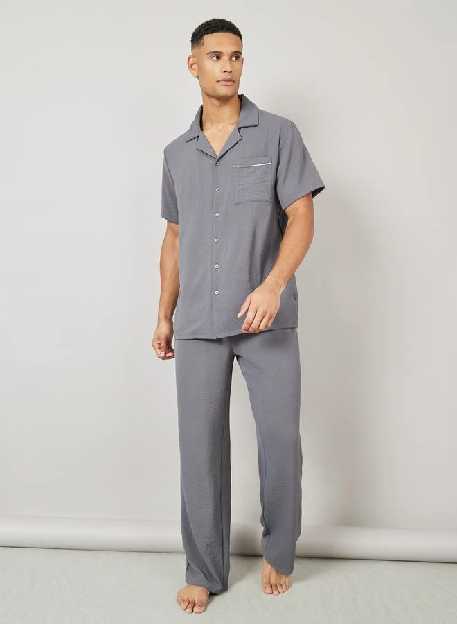 Styli Crinkled Shirt and Straight Pyjama Set