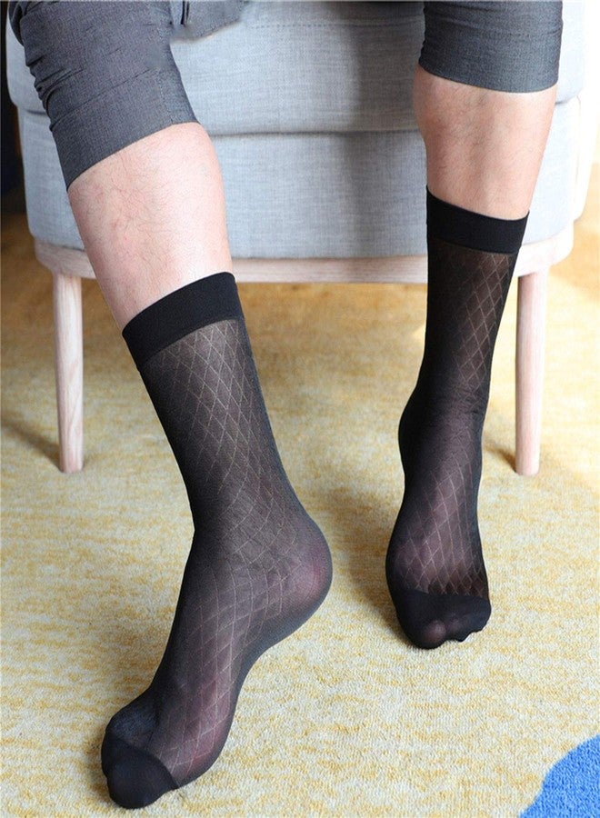 Uaussi 10 Pairs Mens Ultra Thin Dress Socks Silk Sheer Business Socks Soft Nylon Work Trouser Sox Mid Calf, Rhombus Black, One Size - Image 3