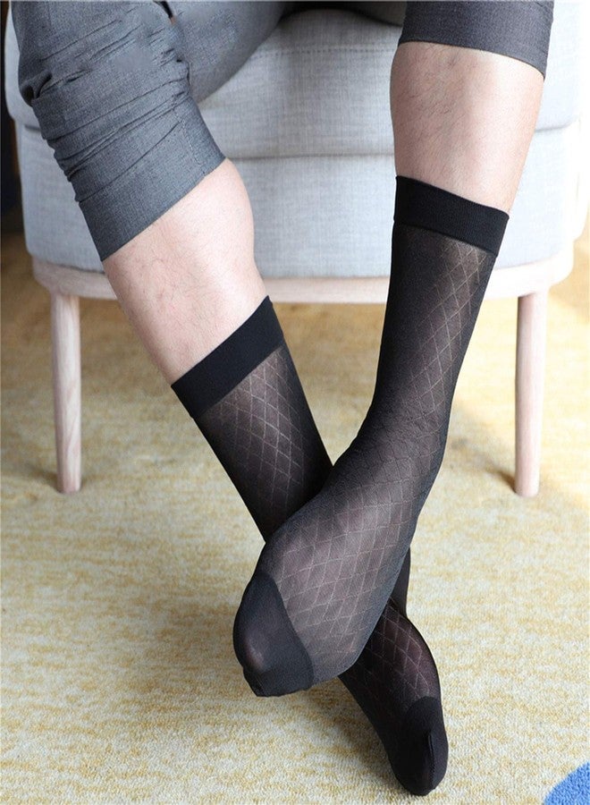 Uaussi 10 Pairs Mens Ultra Thin Dress Socks Silk Sheer Business Socks Soft Nylon Work Trouser Sox Mid Calf, Rhombus Black, One Size - Image 4