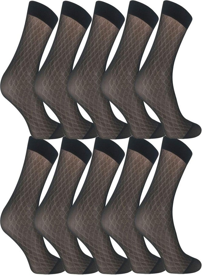 Uaussi 10 Pairs Mens Ultra Thin Dress Socks Silk Sheer Business Socks Soft Nylon Work Trouser Sox Mid Calf, Rhombus Black, One Size - Image 1