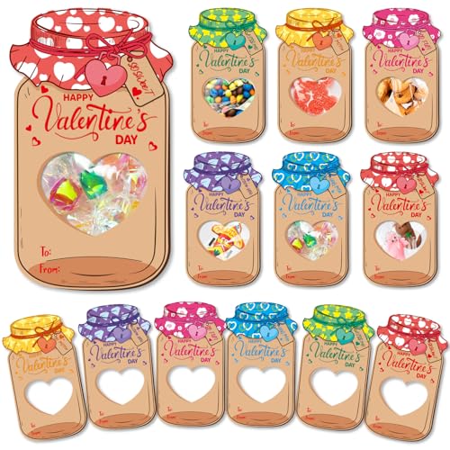Jumlys 60 Pack Valentines Cards for Kids Classroom, Mason Jar Valentines Day Cards Set with Treat Bag, Perfect Candy Jar Valentines Cards for Kids School, Ideal Valentines Day Gifts for Boys Girls - Image 1
