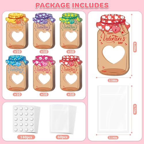 Jumlys 60 Pack Valentines Cards for Kids Classroom, Mason Jar Valentines Day Cards Set with Treat Bag, Perfect Candy Jar Valentines Cards for Kids School, Ideal Valentines Day Gifts for Boys Girls - Image 3