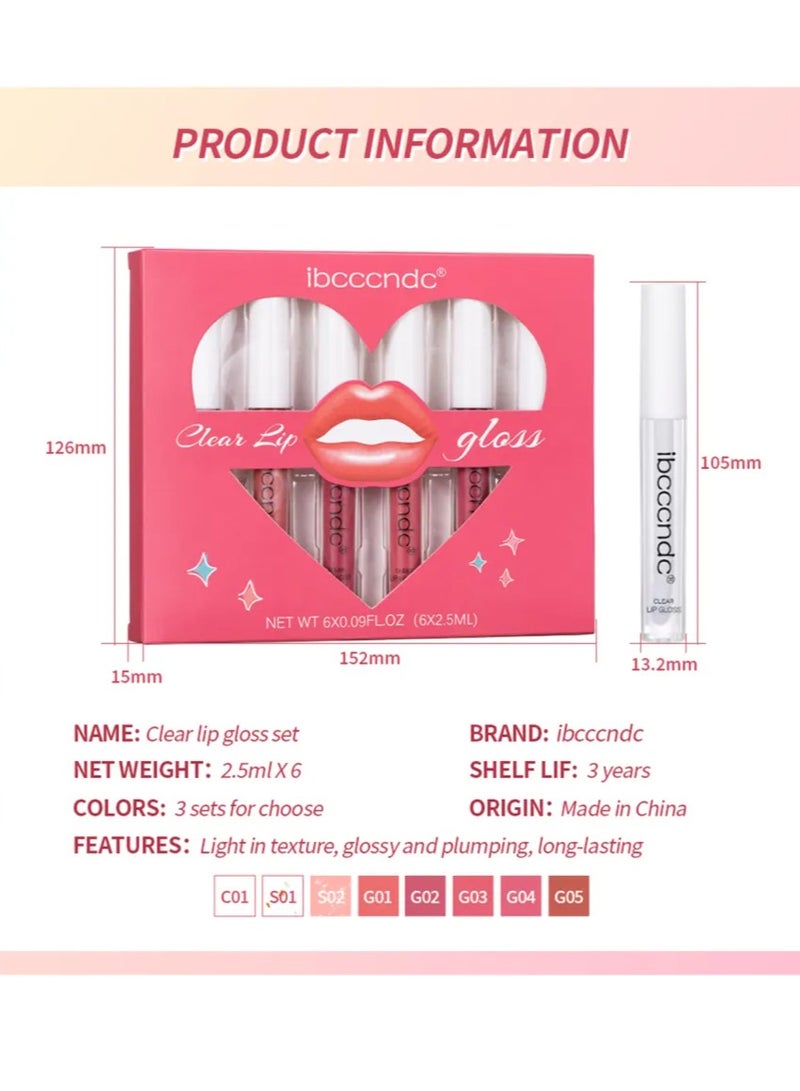 6PCS Lip Gloss Set Hydrating Liquid Lipstick Kit High Shine Clear Lip Plumping Glass Finish Lip Oil Gloss High Pigment Moisturizing Long Lasting Repairing Lightening Lip Line Balm 02