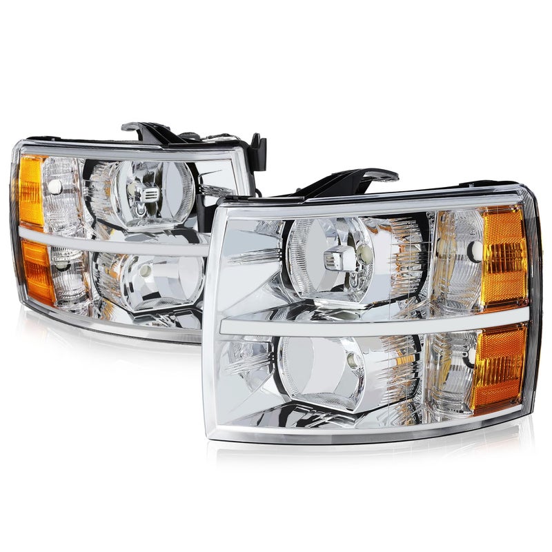 Auto Dynasty Halogen Headlights Assembly Compatible with Chevy Silverado 1500 2500HD 3500 GMT900 2007 2008 2009 2010 2011 2012 2013 2014 Driver and Passenger Side Chrome Housing