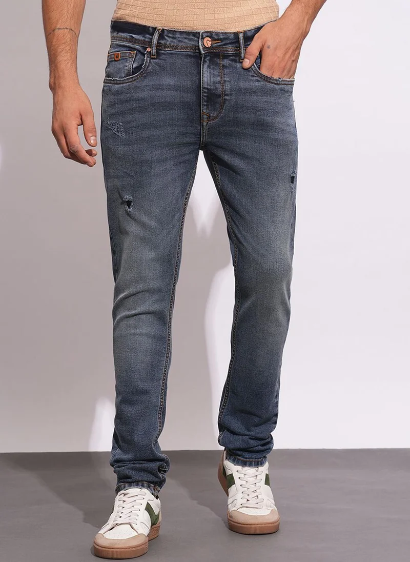 Men Classic Slim Fit Low Distress Light Fade Stretchable Jeans