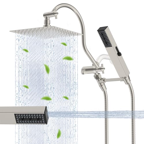Hibbent All Metal cUPC Certified Shower Head 10 High Pressure Rainfall Showerhead Combo Handheld Shower Wand 12 Adjustable Extension Arm 4Spray 71 Hose Shower Holder Brushed Nickel - Image 1