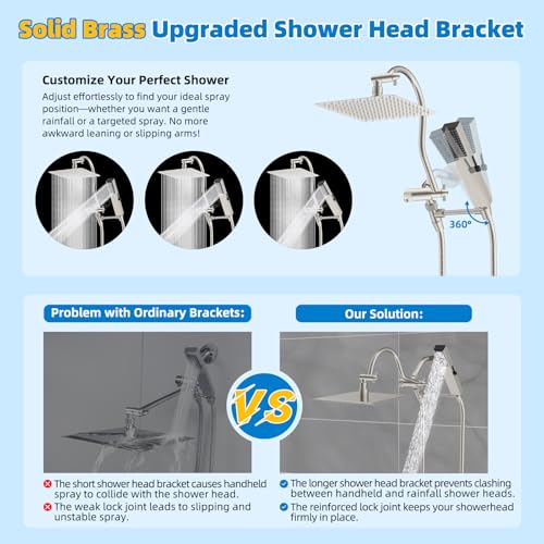 Hibbent All Metal cUPC Certified Shower Head 10 High Pressure Rainfall Showerhead Combo Handheld Shower Wand 12 Adjustable Extension Arm 4Spray 71 Hose Shower Holder Brushed Nickel - Image 3