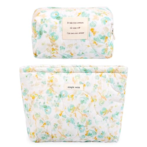 Sminra 2 Pcs Floral Makeup Bag Large Travel Cotton Quilted Cosmetic Makeup Bag Organizer Cute Coquette Aesthetic Zipper Portable Pouch Purse Storage Toiletry Bag for Women Girls accessories - Image 1