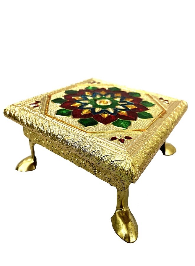 ZIG-ZAG ZIG ZAG Wooden Minakari Large Pooja Chowki | Decorative Wooden Bajot | Flower Choki for Pooja at Home, Wedding, Festivals & Gifts, Big Size 12 Inch Golden - Image 1