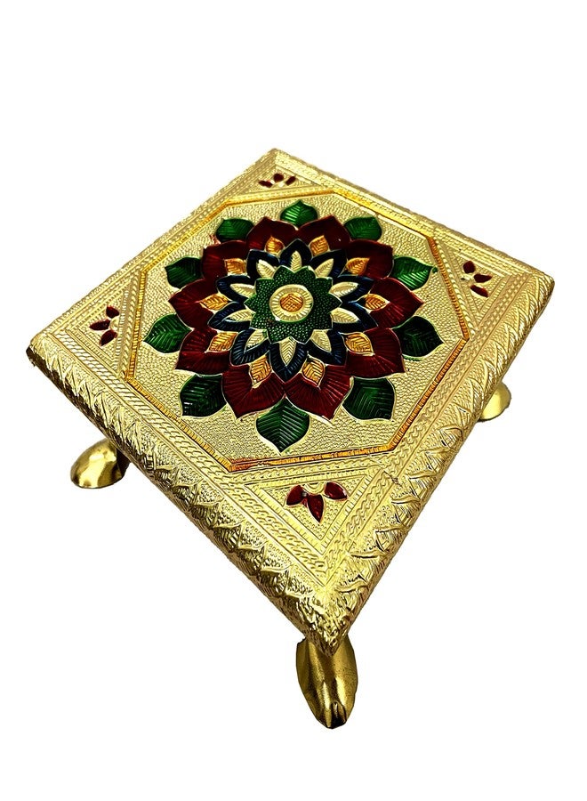 ZIG-ZAG ZIG ZAG Wooden Minakari Large Pooja Chowki | Decorative Wooden Bajot | Flower Choki for Pooja at Home, Wedding, Festivals & Gifts, Big Size 12 Inch Golden - Image 4