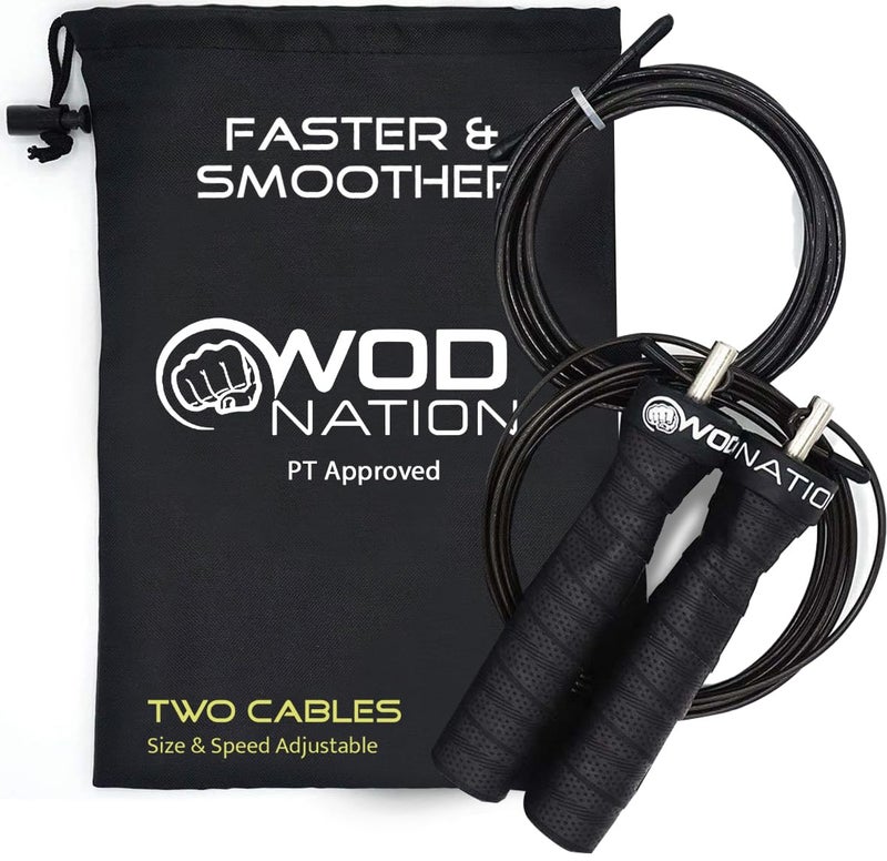 WOD Nation Jump Rope - Black Alloy Steel Handles - 11 ft, 2.2 mm & 3.3 mm Cables - Weighted & Speed Cable System for Fitness Skipping Rope Men & Women - Image 1
