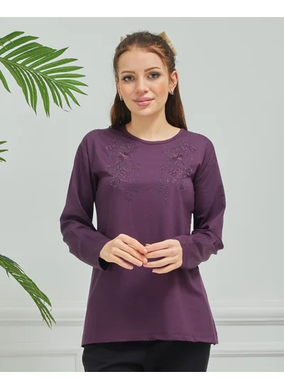 ستيلموني Women's Mother Purple Embroidered Casual Middle Age Combed Cotton Blouse