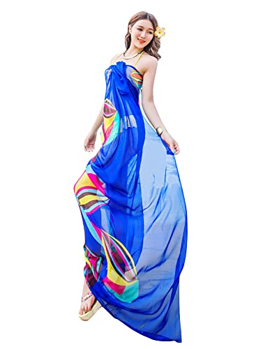 GERINLY Large Sarong Wrap for Women Plus Size Beach Cover Up Chiffon Thin Bathing Suit Wrap Skirt Geometrical Design Pareos (Blue) - Image 1