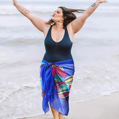 GERINLY Large Sarong Wrap for Women Plus Size Beach Cover Up Chiffon Thin Bathing Suit Wrap Skirt Geometrical Design Pareos (Blue) - Image 4
